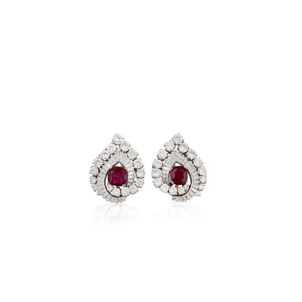 PAIR OF RUBY, DIAMOND AND PLATINUM EARRINGS
