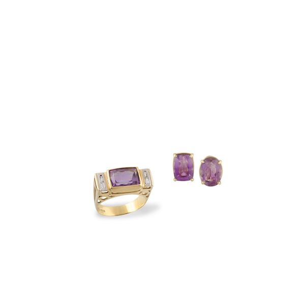 AMETHYST AND GOLD RING WITH A PAIR OF DIAMOND AND GOLD EARRINGS