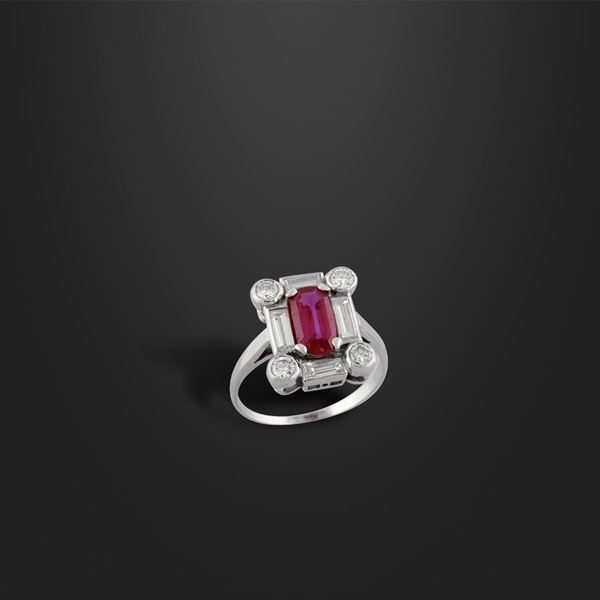 MYANMAR RUBY, DIAMOND AND PLATINUM RING