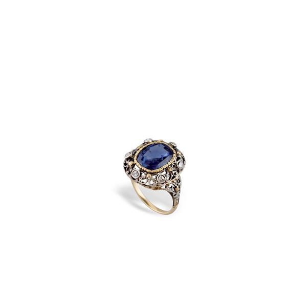 SAPPHIRE, DIAMOND, SILVER AND GOLD RING