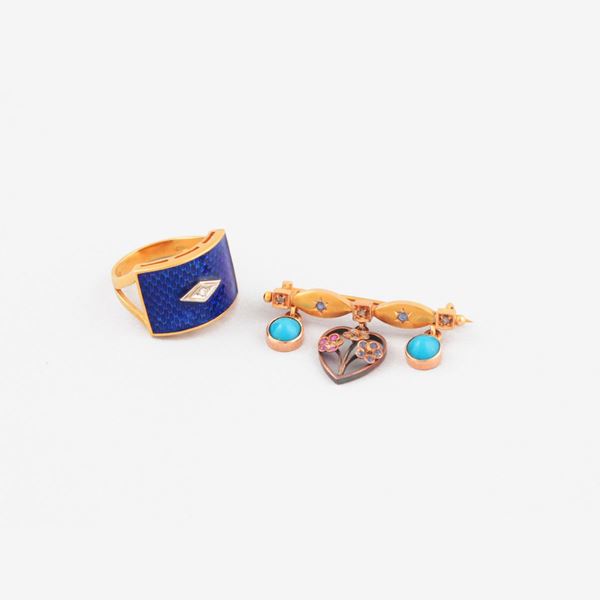 GEM SET, TURQUOISE, DIAMOND, GOLD AND SILVER BROOCH AND RING  - Auction JEWELERY, WATCHES AND SILVER - Casa d'Aste International Art Sale