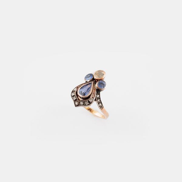 SAPPHIRE, DIAMOND, GOLD AND SILVER RING