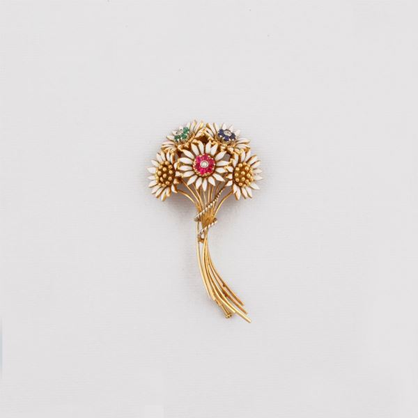 DIAMOND, SAPPHIRE, EMERALD, RUBY AND GOLD BROOCH