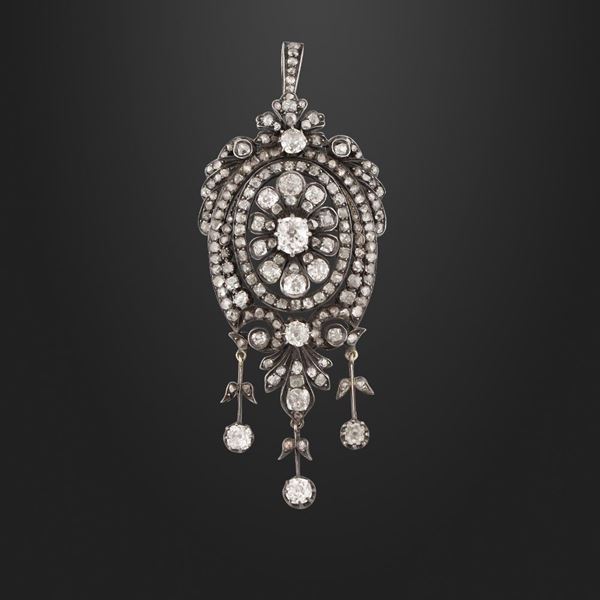 DIAMOND, GOLD AND SILVER BROOCH-PENDANT