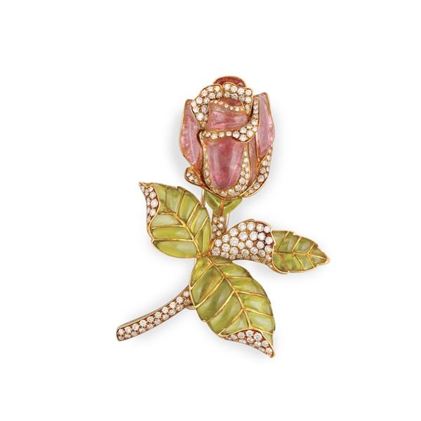 TOURMALINE, PERIDOT, DIAMOND AND GOLD BROOCH