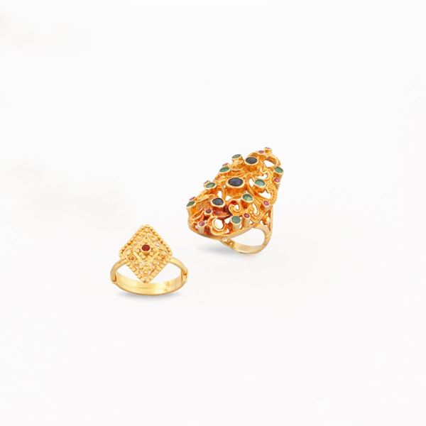 TWO SAPPHIRE, EMERALD, RUBY AND GOLD RINGS
