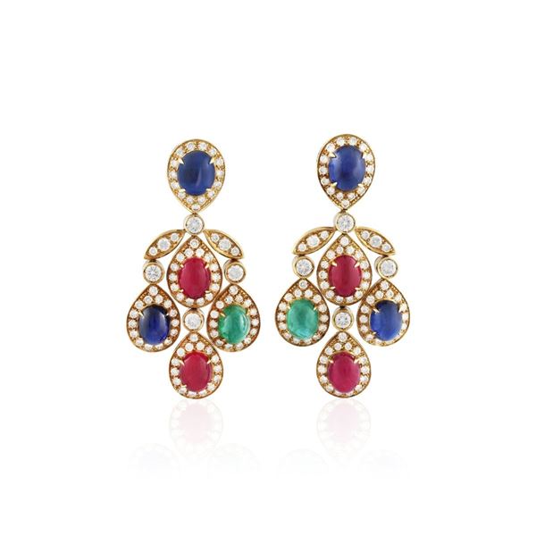 Pederzani - PAIR OF RUBY, SAPPHIRE, EMERALD, DIAMOND AND GOLD EARRINGS
