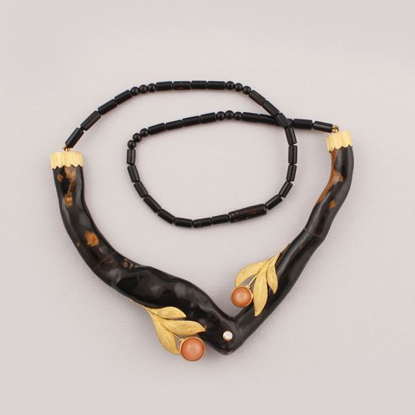 Minotto - CORAL, DIAMOND, QUARTZ AND GOLD NECKLACE