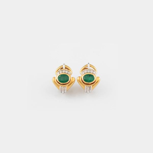 PAIR OF EMERALD, DIAMOND AND GOLD EARRINGS