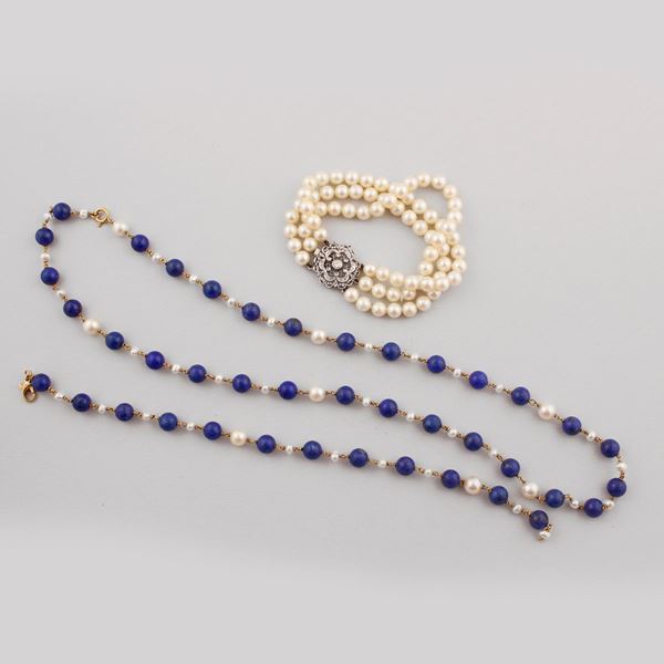 LAPIS, CULTURED PEARL, DIAMOND AND GOLD LOT