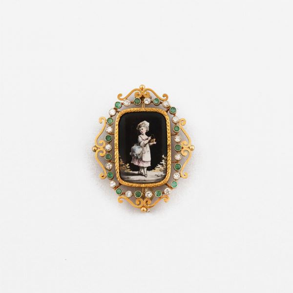 CERAMIC, DIAMOND, EMERALD AND GOLD BROOCH  - Auction JEWELERY, WATCHES AND SILVER - Casa d'Aste International Art Sale