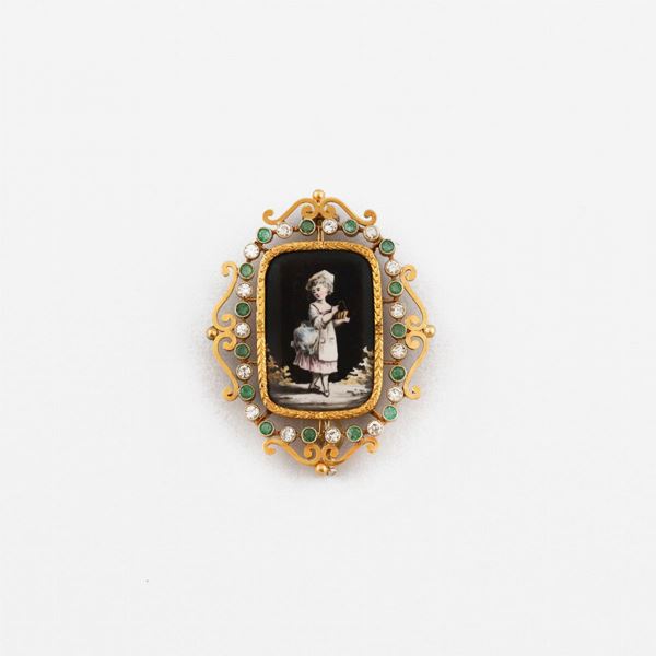 CERAMIC, DIAMOND, EMERALD AND GOLD BROOCH