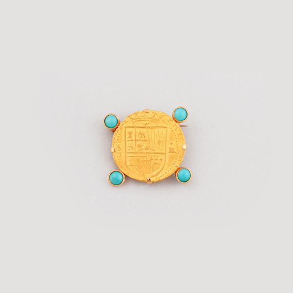 TURQUOISE AND GOLD BROOCH  - Auction JEWELERY, WATCHES AND SILVER - Casa d'Aste International Art Sale