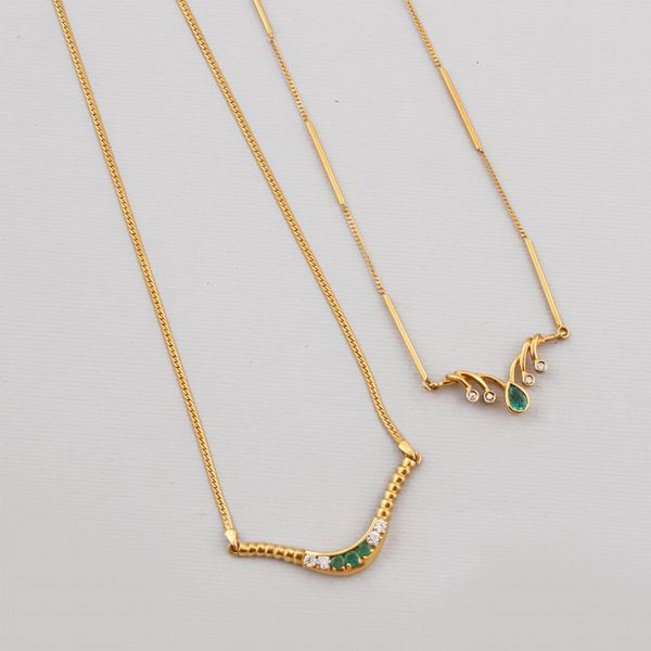 TWO EMERALD, DIAMOND AND GOLD NECKLACES