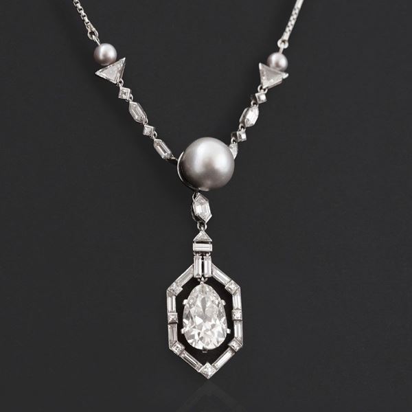 DIAMOND, NATURAL PEARL AND PLATINUM NECKLACE
