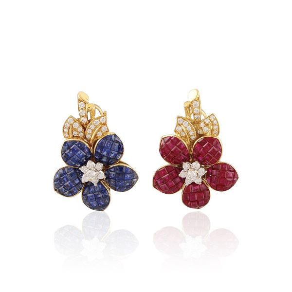 Sabbadini - PAIR OF SAPPHIRE, RUBY, DIAMOND AND GOLD EARRINGS
