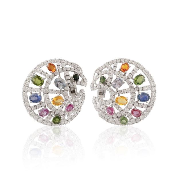 PAIR OF CORUNDUM, DIAMOND AND GOLD EARRINGS