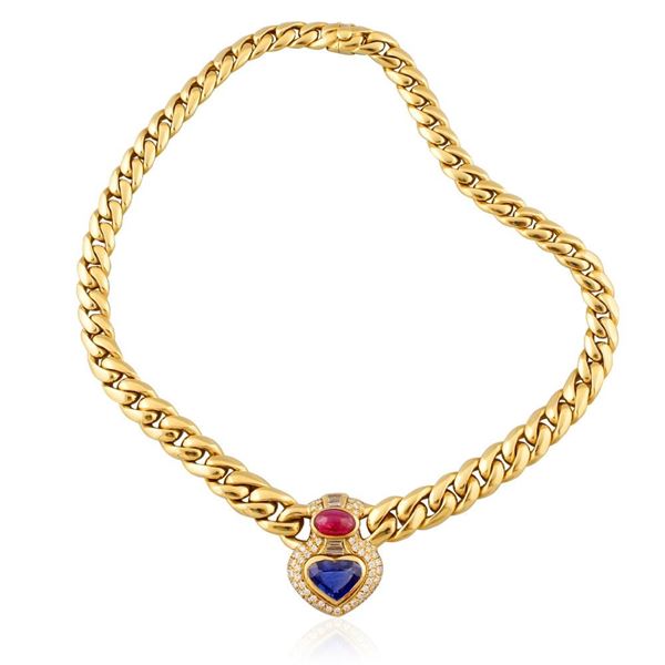 DIAMOND, SAPPHIRE, RUBY AND DIAMOND NECKLACE  - Auction Special Jewelery, Vintage signed - Casa d'Aste International Art Sale
