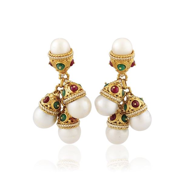 PAIR OF CULTURED PEARL, RUBY, DIAMOND AND EMERALD EARRINGS