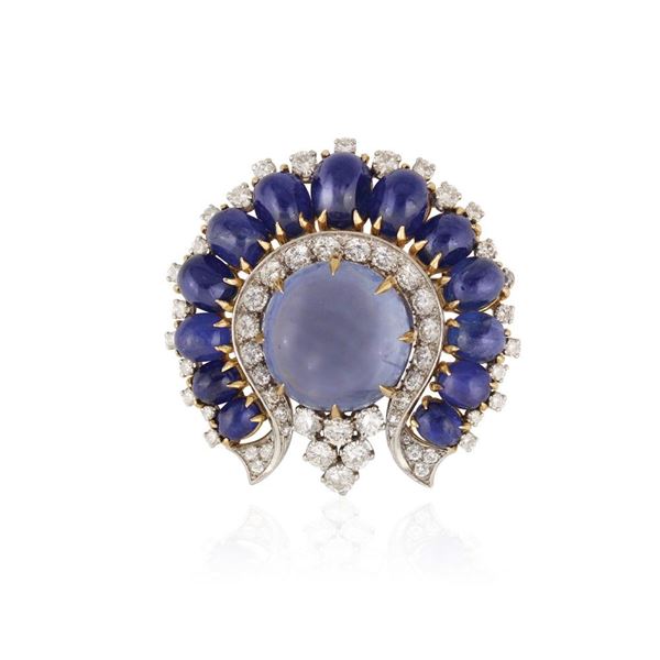 SAPPHIRE, DIAMOND, PLATINUM AND GOLD BROOCH