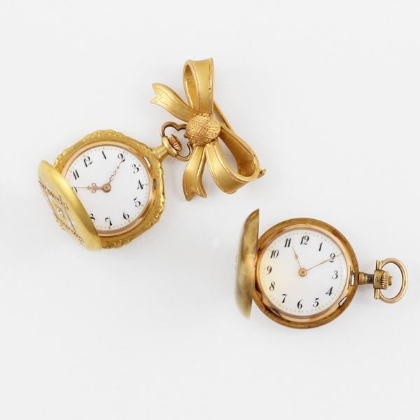 Fine, 14Kt and 18Kt yellow gold small pocket watches, one with an 18Kt gold brooch