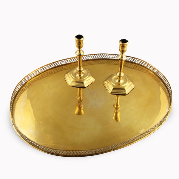 LOT, BRASS TRAY AND CANDLESTICKS
