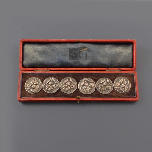 SIX SILVER BUTTONS, WITH CASE