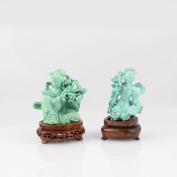 TWO TURQUOISE SCULPTURES WITH WOODEN BASE