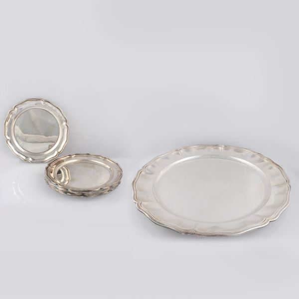 800 SILVER TRAY AND EIGHT BREAD PLATES