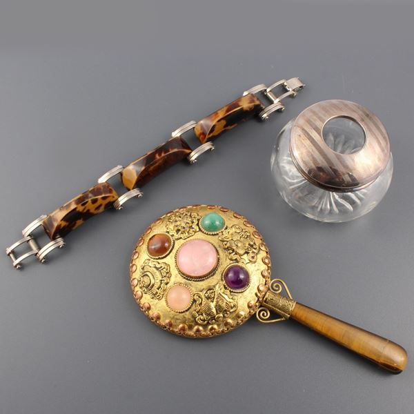 GILT METAL MIRROR, SILVER ENGLISH MANIFACTURE HAIR RECEIVER, METAL AND BAKELITE BRACELET