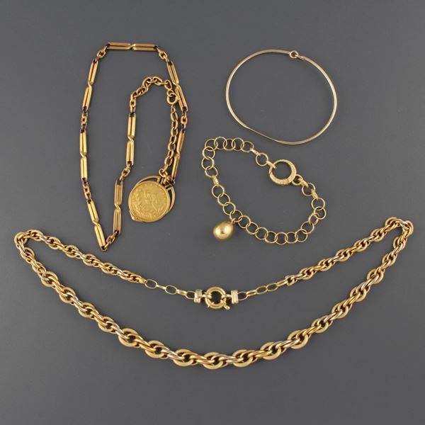 TWO NECKLACES, TWO BRACELETS, TURKISH COIN PENDANT
