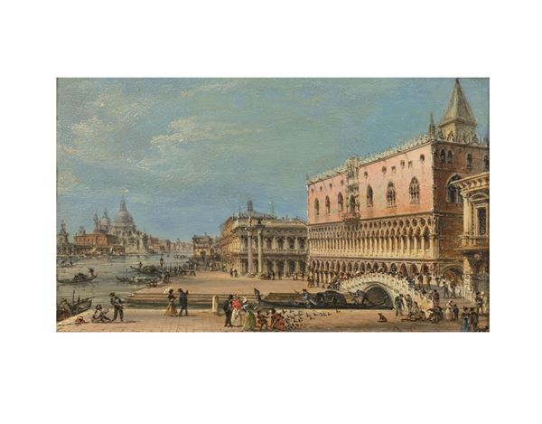 GIOVANNI GRUBACS : Opera - Olio su tavola 14,5 x 25,5 - Piazza S. Marco e Palazzo Ducale...  - Asta ARTE MODERNA E CONTEMPORANEA - Casa d'Aste International Art Sale