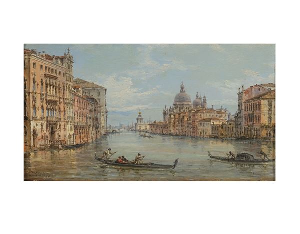 GIOVANNI GRUBACS - Opera - Olio su tavola 14.5 x 25.5 - Canal Grande con Punta della Dogana...