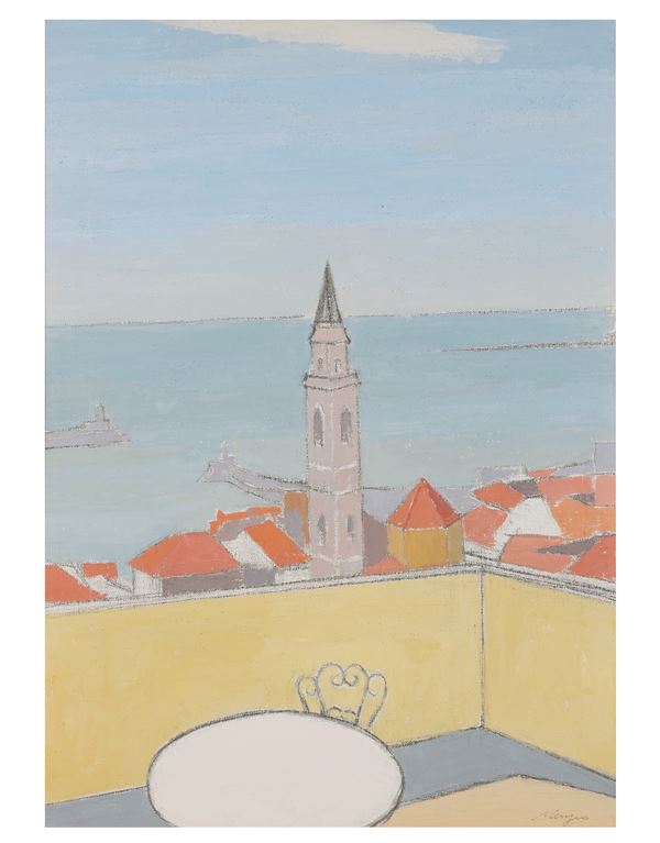 FRANCESCO MENZIO (Tempio Pausania, 1899 - Torino, 1979)   Veduta di Oneglia dalla terrazza, 1968