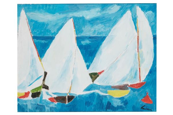 ENRICO PAULUCCI (Genova, 1901 - Torino, 1999)   Vele su sfondo blu, anni ‘70