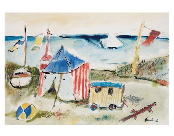 ENRICO PAULUCCI (Genova, 1901 - Torino, 1999)   Circo su spiaggia, 1978