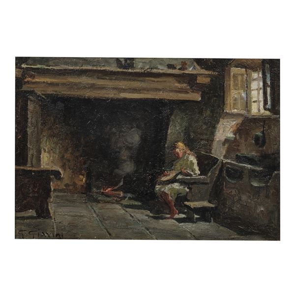 GIOVANNI GIAVINI : Figura di donna al camino  - Olio su tavola - Asta Dipinti e Sculture - Casa d'Aste International Art Sale