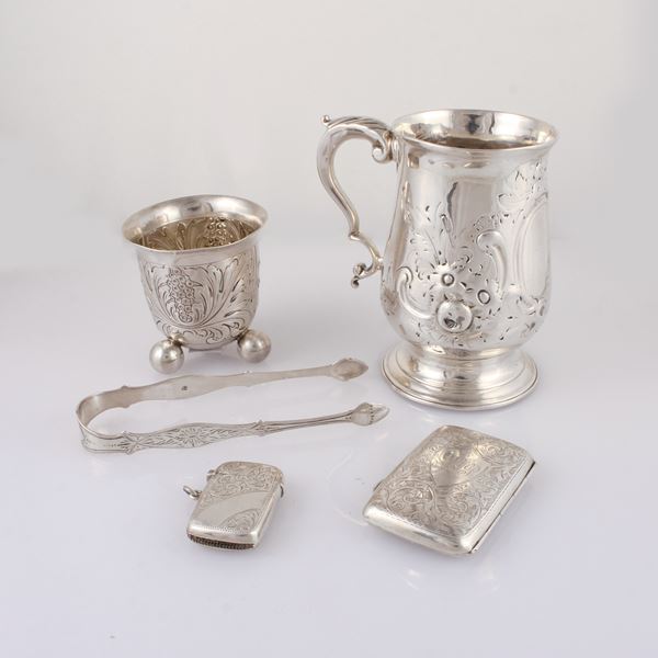 LOT OF MUG, TWO MATCH HOLDERS, TUMBLER AND TONGS
