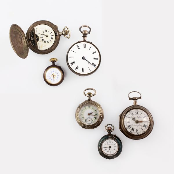 Lotto di 6 orologi da tasca in argento e metallo  - Asta Gioielli e Orologi - Casa d'Aste International Art Sale