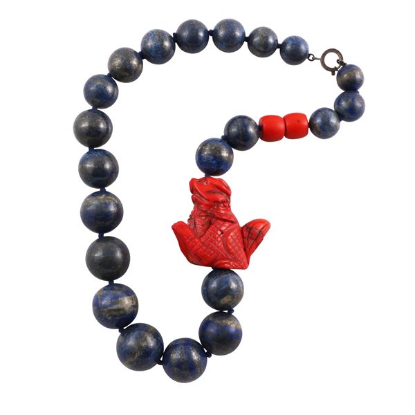 LAPISLAZULI AND NECKLACE, BAMBOO CORAL, SILVER CLASP