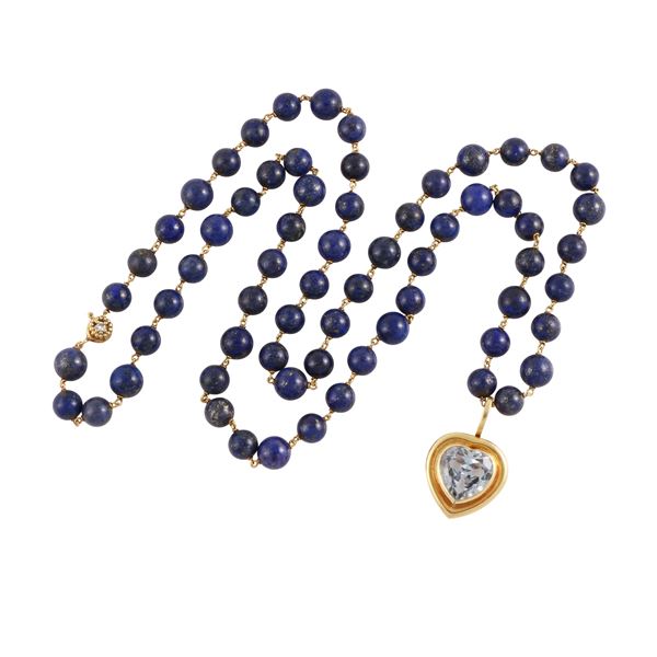 18KT GOLD, LAPISLAZULI AND SYNTHETIC GEMS NECKLACE AND PENDANT