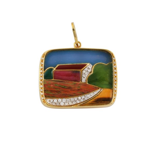18KT GOLD, HARDSTONES LANDSCAPE AND DIAMONDS PENDANT