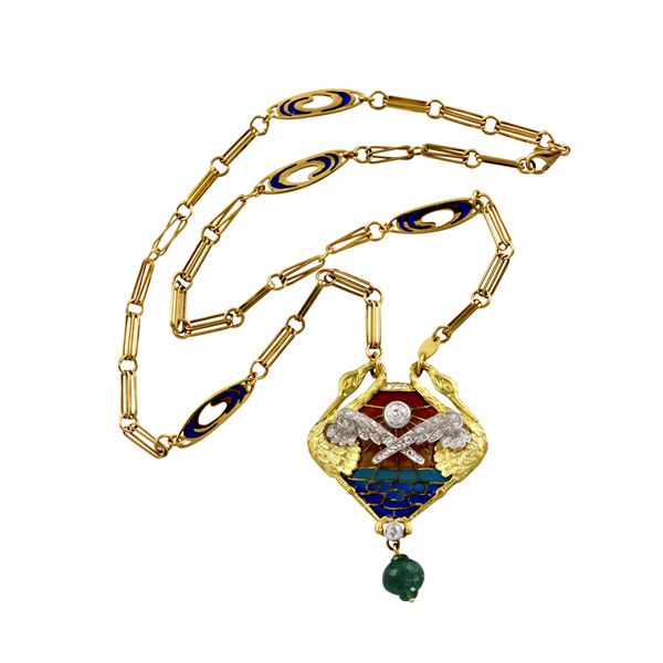 18KT GOLD NECKLACE WITH DIAMONDS, ENAMEL AND EMERALDS PENDANT