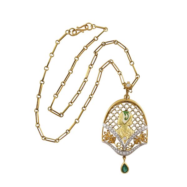 18KT GOLD DIAMONDS, ENAMEL AND EMERALD PENDANT WITH CHAIN