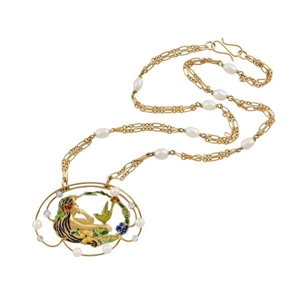 18KT GOLD NECKLACE WITH DIAMONDS AND ENAMEL PENDANT