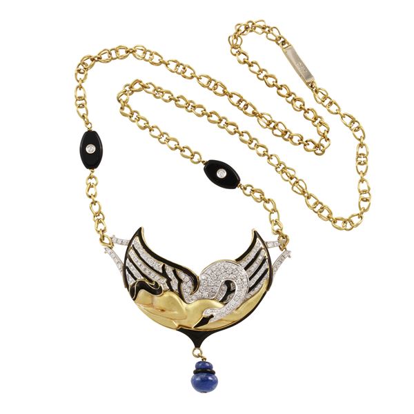 18KT GOLD NECKLACE DEPICTING "LEDA AND THE SWAN" WITH DIAMONDS, ENAMEL, SAPPHIRES AND ONYX