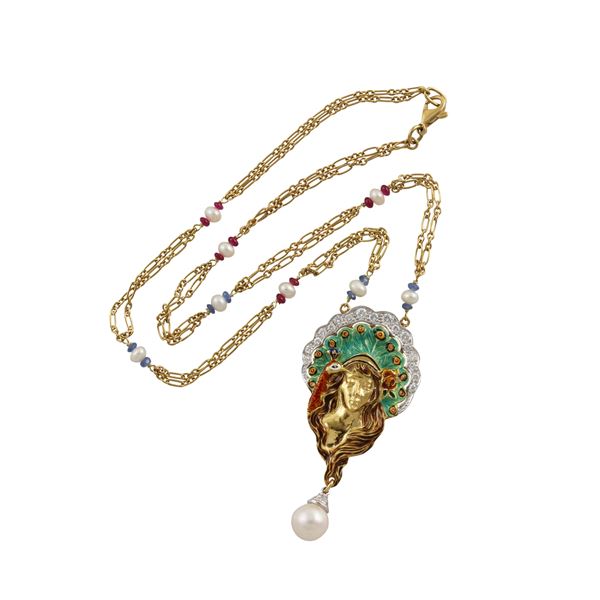 18KT GOLD, DIAMONDS, ENAMEL, SAPPHIRES AND RUBIES NECKLACE