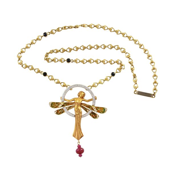 18KT GOLD NECKLACE WITH DIAMONDS, ENAMEL, RUBIES AND SAPPHIRES