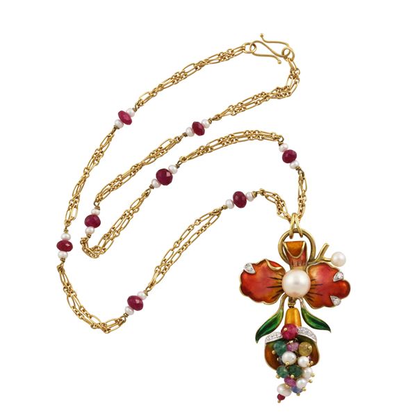 18KT GOLD NECKLACE WITH ENAMEL, FRESHWATER PEARLS, DIAMONDS, RUBIES AND VARIOUS COLORED GEMS