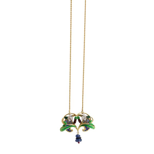 18KT GOLD ENAMEL, DIAMONDS, SAPPHIRES, ONYX AND LITTLE RUBY NECKLACE